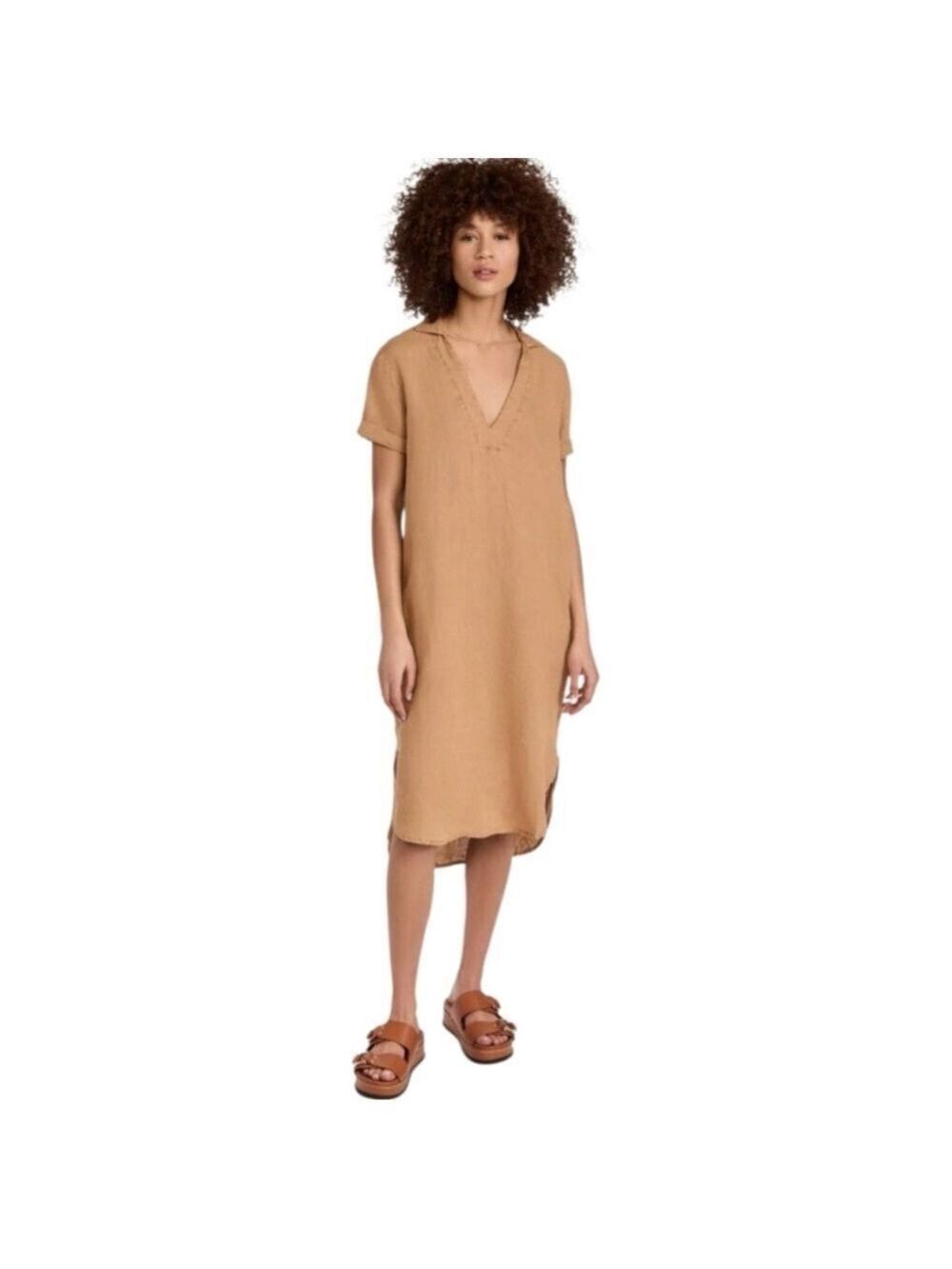 James Perse Linen Vee Neck Midi Shift Dress SZ L 3 Short Sleeve Tan Yellow
